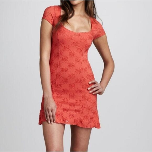 Free People Womens Daisy Godet Lace Mini Dress Red Coral Floral Boho | S | EUC - Picture 1 of 12